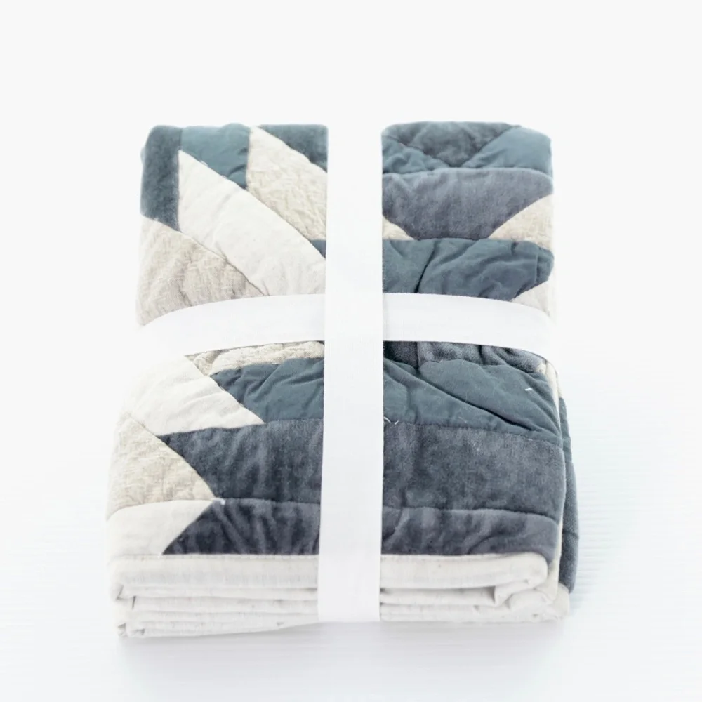 NWT Pottery Barn Aubrey Velvet Patchwork Quilted Shams - (2) Standard Blue Tan